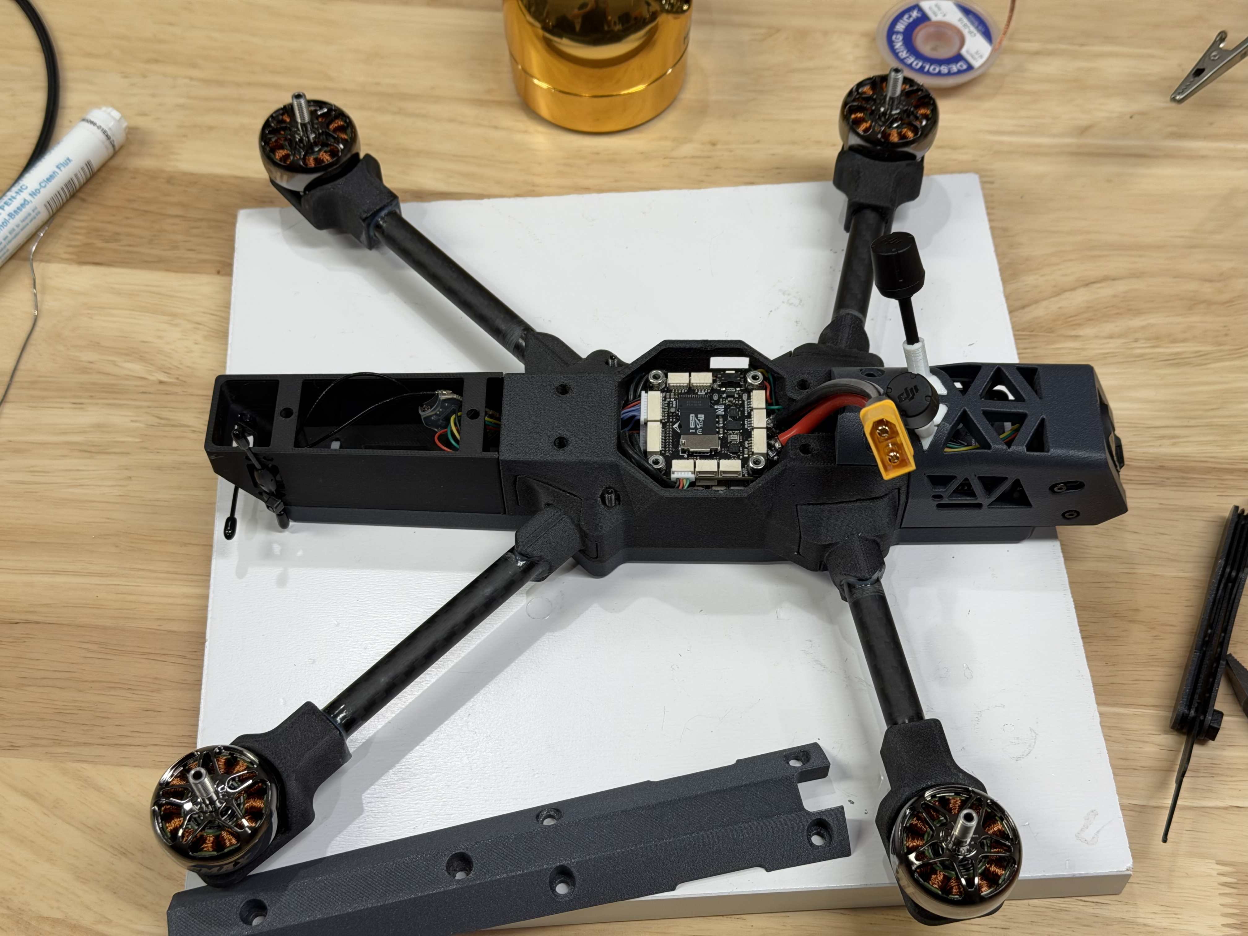Open frame — electronics stack, wiring & payload bay