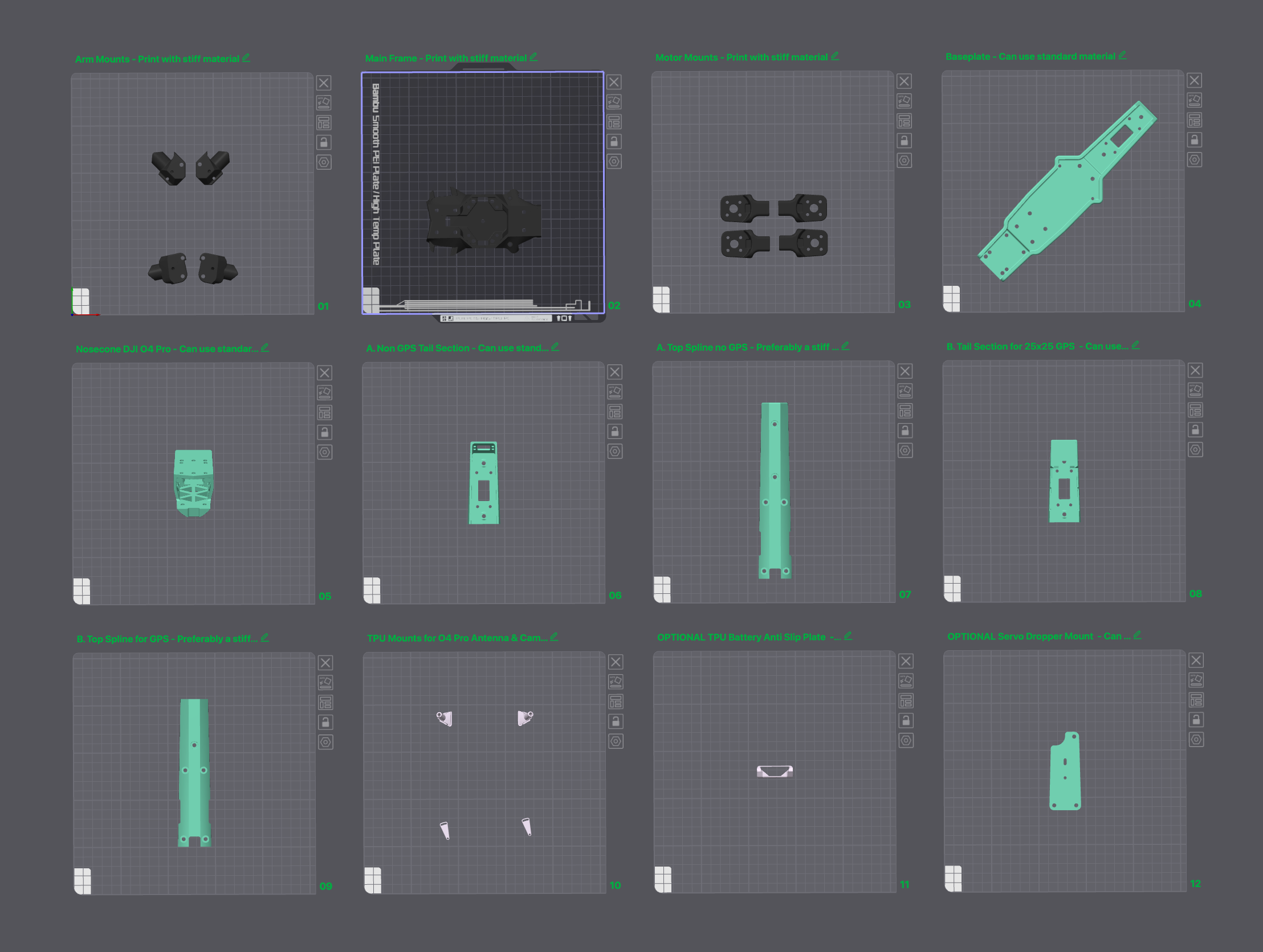 All print plates, labelled with the recommended material for each part.